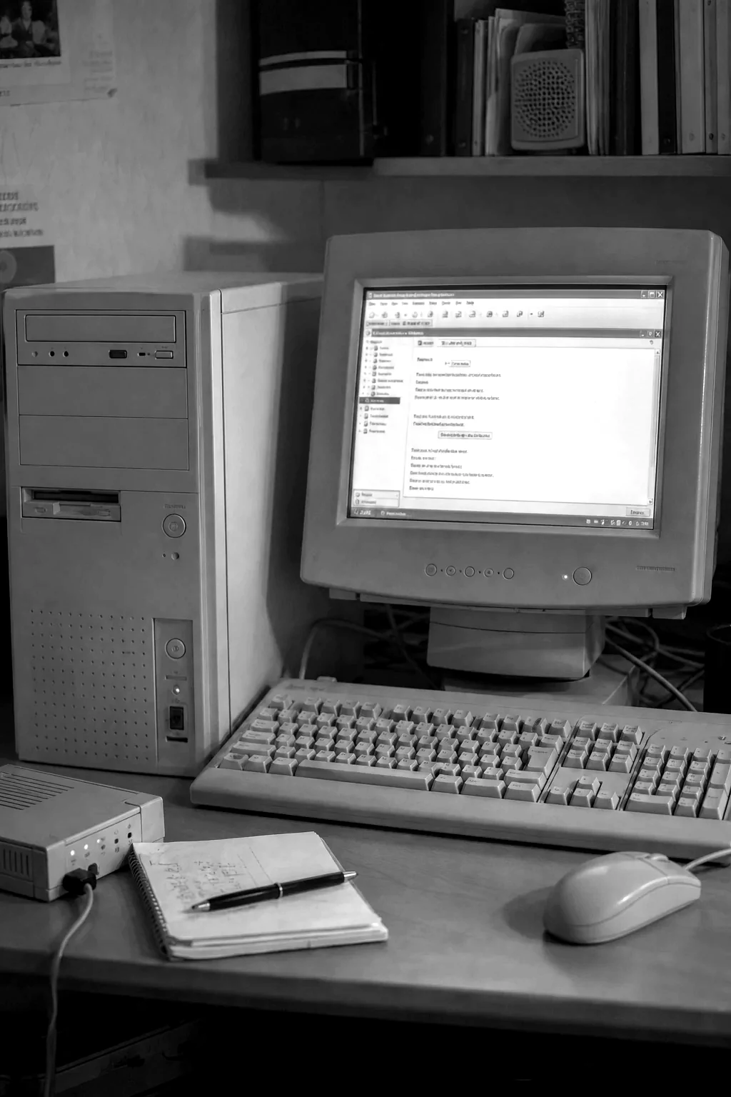 1990s beige desktop workstation with CRT monitor from the early internet era